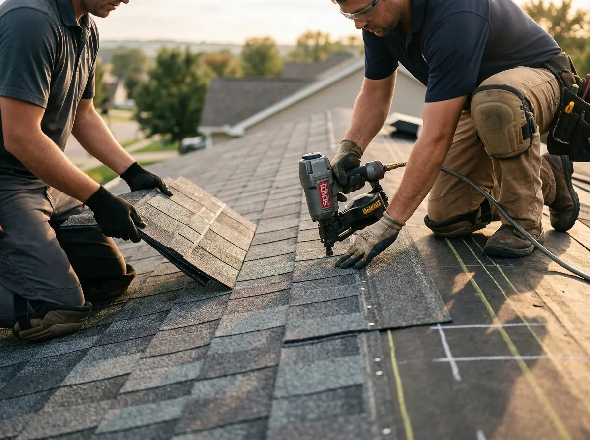 Professional roofer working on a residential roof in Fort Carson